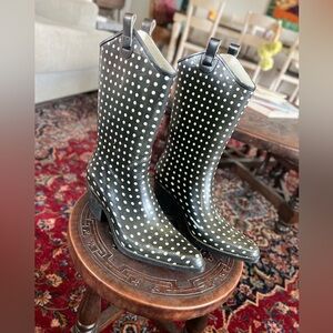 Cowboy Rain boots polka dotted black and white size 10